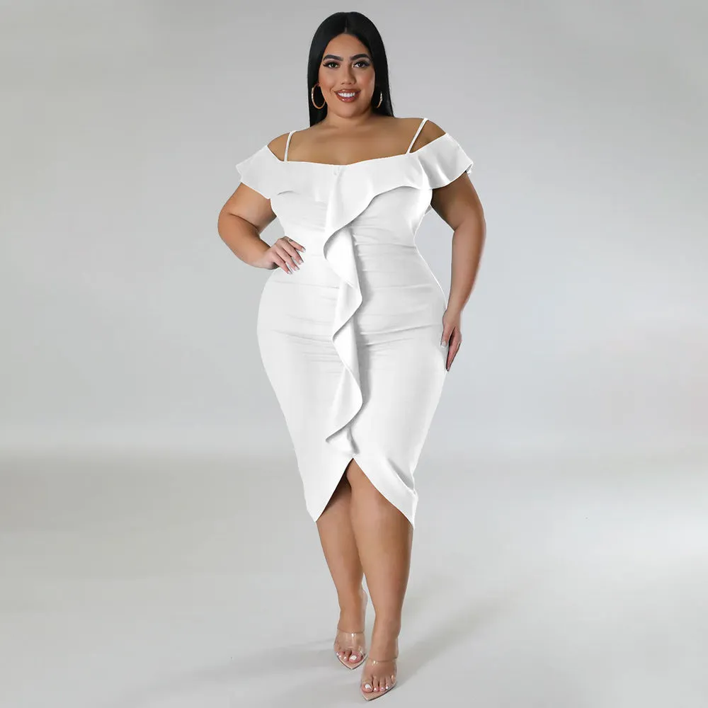 Plus Size Women Sweet Solid Color Dress off Neck Midi Dress