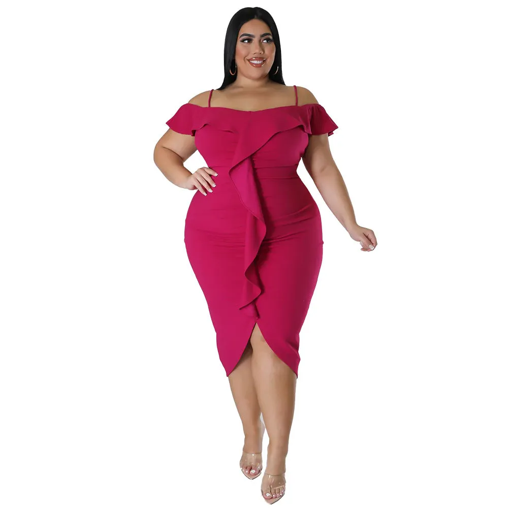 Plus Size Women Sweet Solid Color Dress off Neck Midi Dress