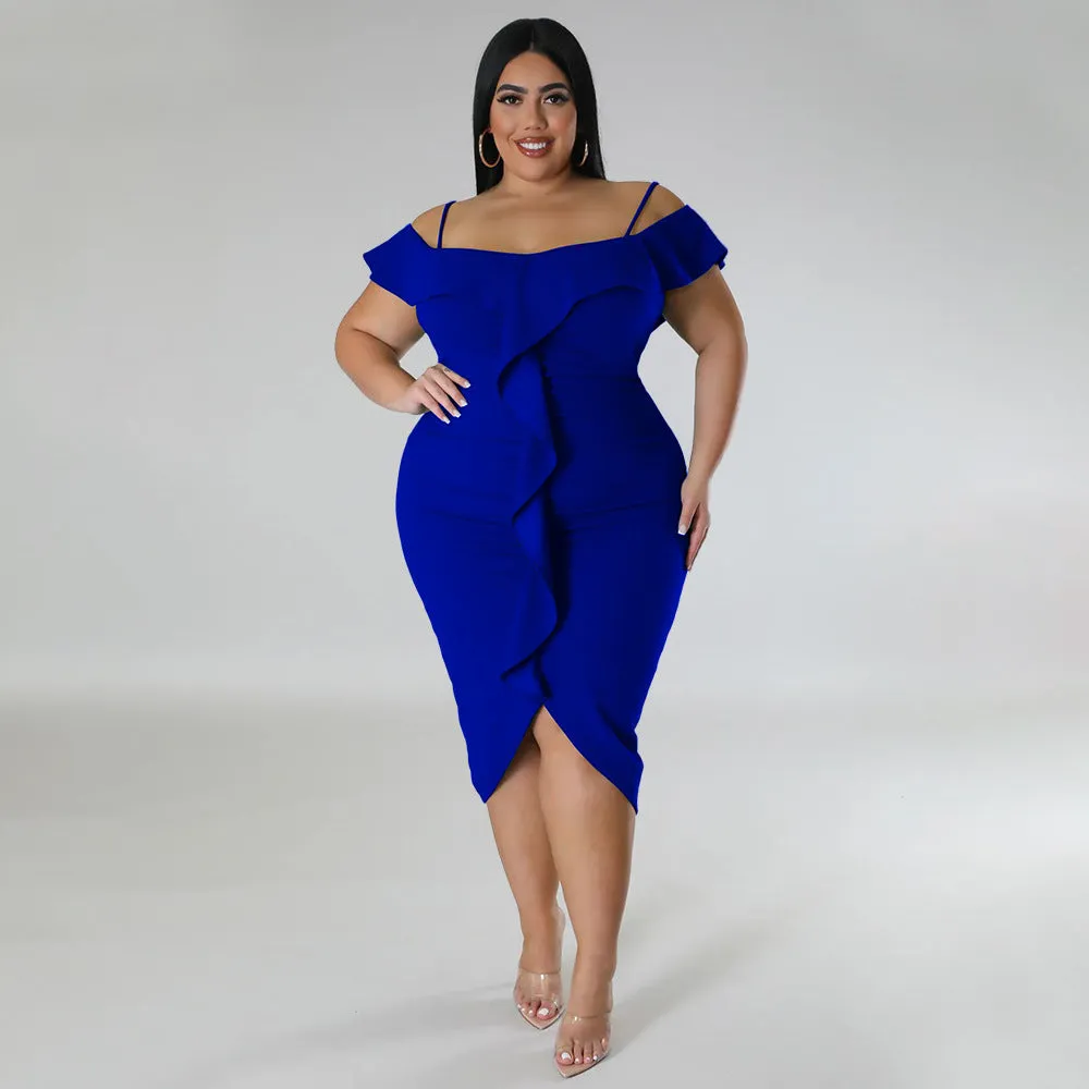 Plus Size Women Sweet Solid Color Dress off Neck Midi Dress