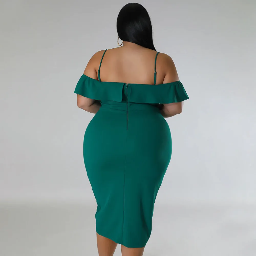 Plus Size Women Sweet Solid Color Dress off Neck Midi Dress