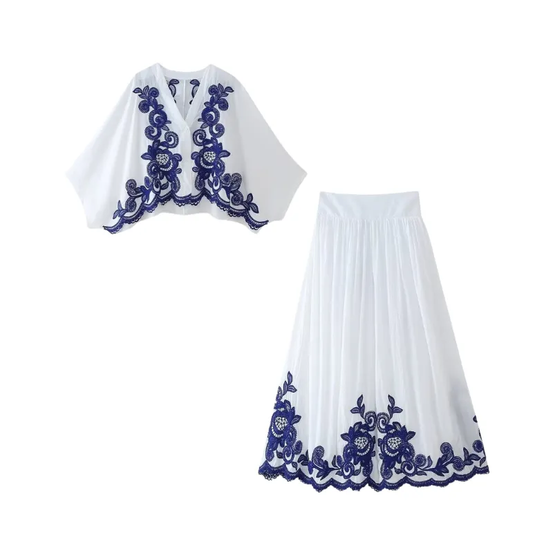 Pre Order: Contrasting Embroidered Shirt   Skirt Set