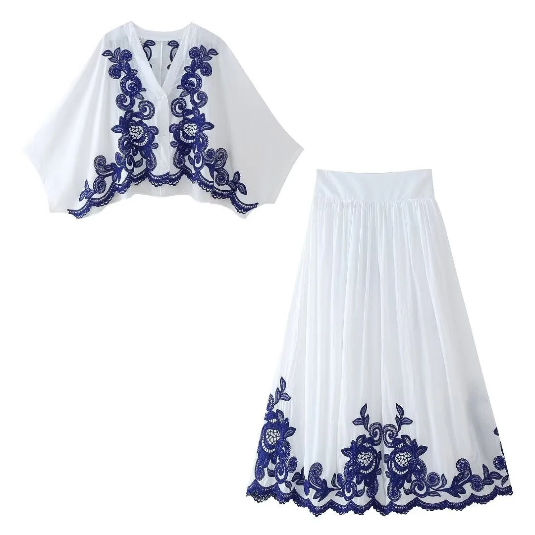 Pre Order: Contrasting Embroidered Shirt   Skirt Set