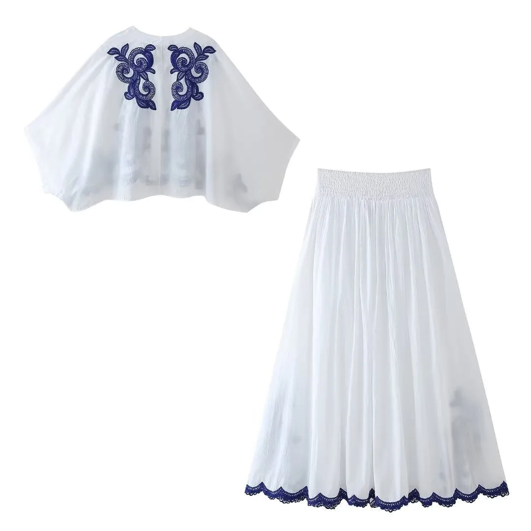 Pre Order: Contrasting Embroidered Shirt   Skirt Set