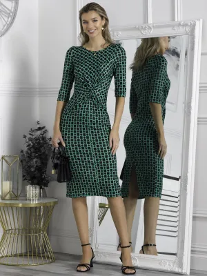 Qyara Jersey Twist Bodycon Midi Dress, Green Geometric