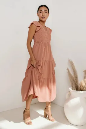 Rain Smocked Midi Dress in Peach - FINAL SALE