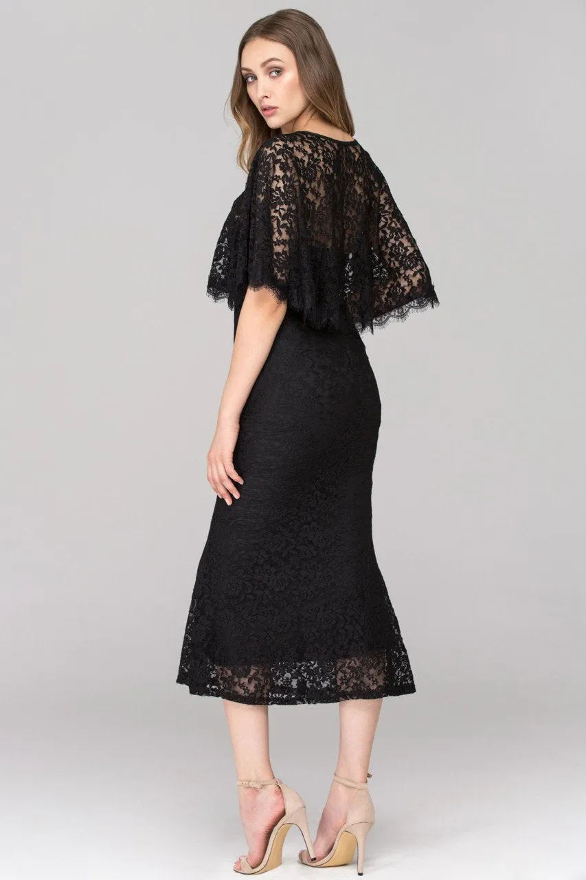 Rania Fawaz - Black Lace Strapless Mermaid Midi Dress with Cape