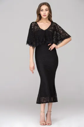 Rania Fawaz - Black Lace Strapless Mermaid Midi Dress with Cape