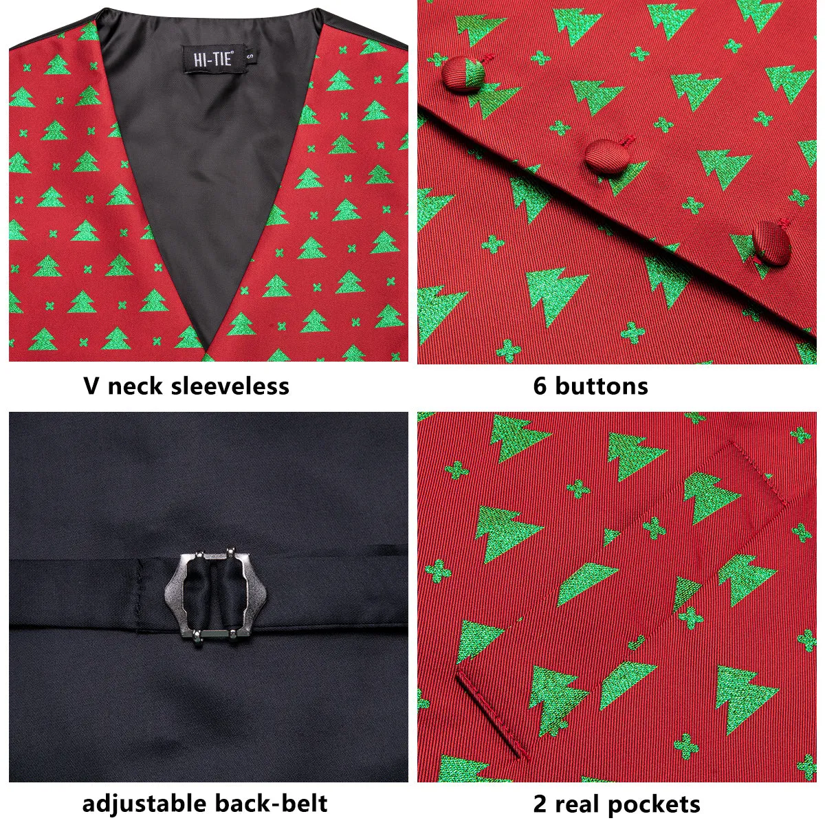 Red Green Tree Christmas Novelty Jacquard Silk Men's Vest Hanky Cufflinks Tie Set