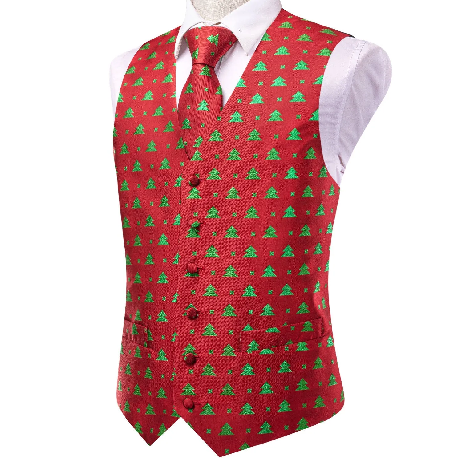 Red Green Tree Christmas Novelty Jacquard Silk Men's Vest Hanky Cufflinks Tie Set