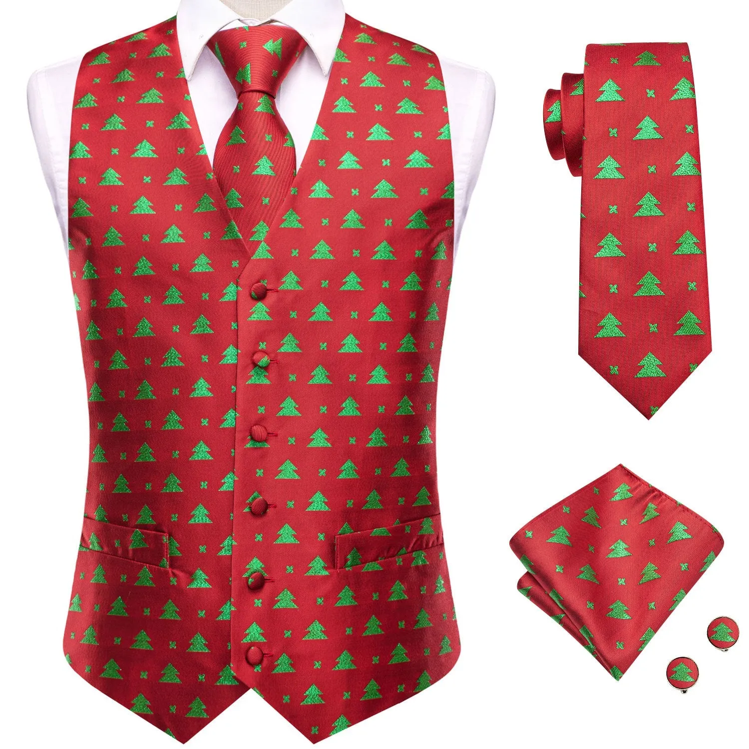 Red Green Tree Christmas Novelty Jacquard Silk Men's Vest Hanky Cufflinks Tie Set