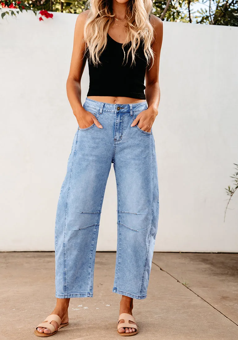 Roadnight Blue Women's Cropped Denim High Waisted Jeans Pull On Straight Leg Stretch Barrel Jeans