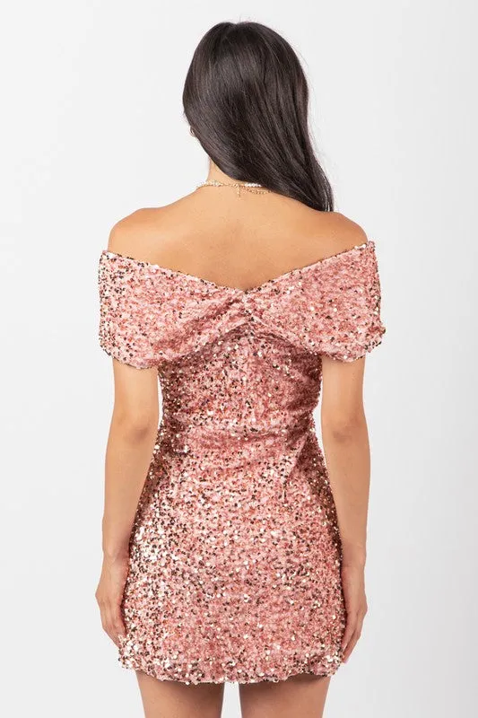 Rose Gold Off Shoulder Fitted Sequin Bodycon Mini Dress