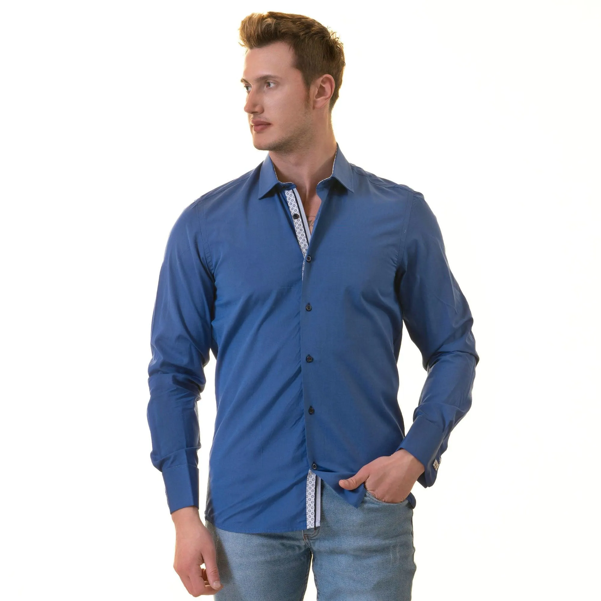 Royal Blue & White Printed Slim Fit Shirt