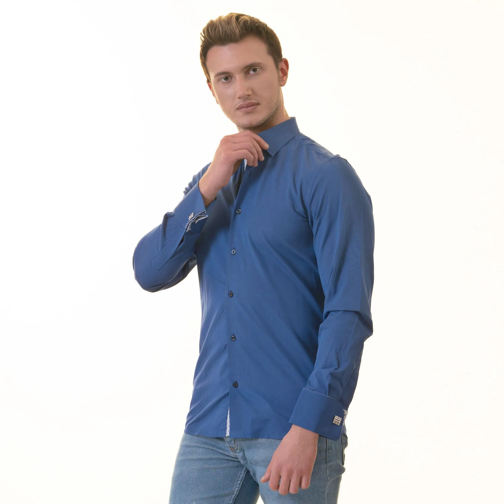 Royal Blue & White Printed Slim Fit Shirt