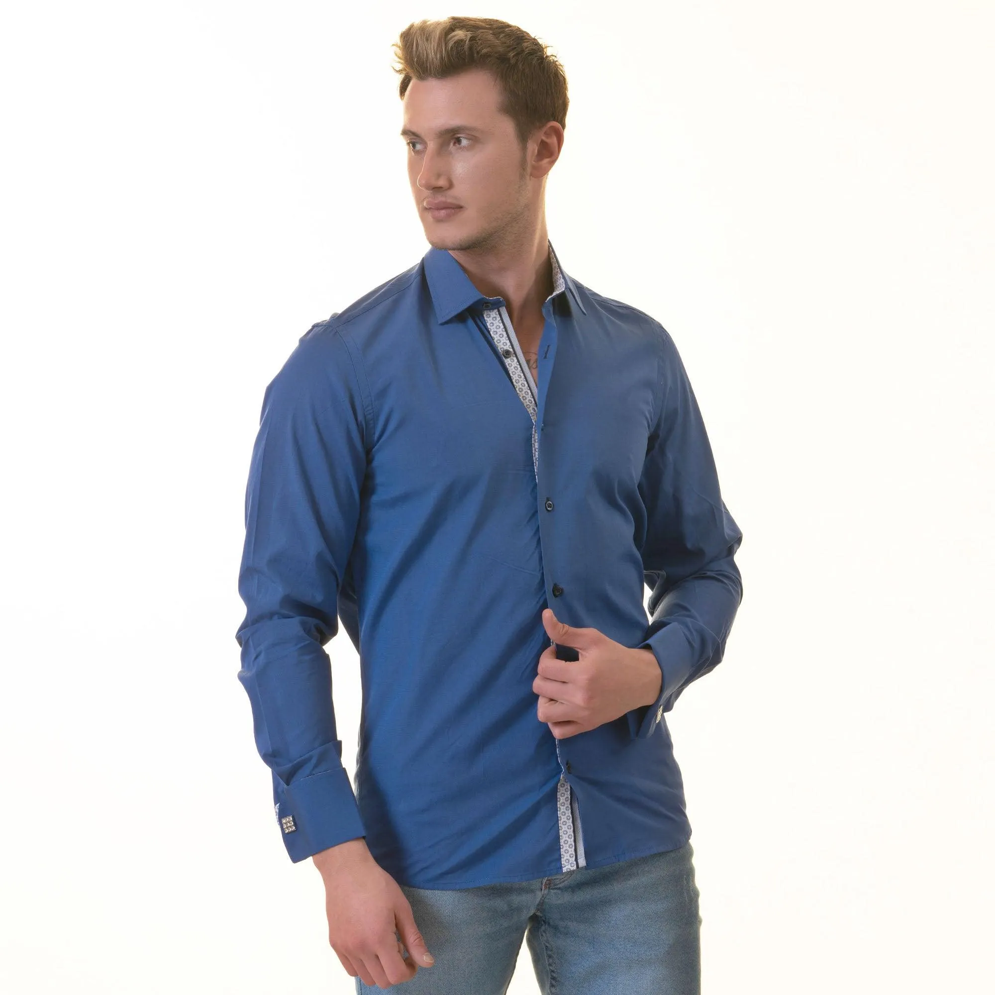 Royal Blue & White Printed Slim Fit Shirt