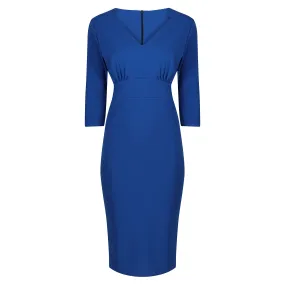 Royal Blue Vintage 3/4 Sleeve Bodycon Midi Pencil Dress