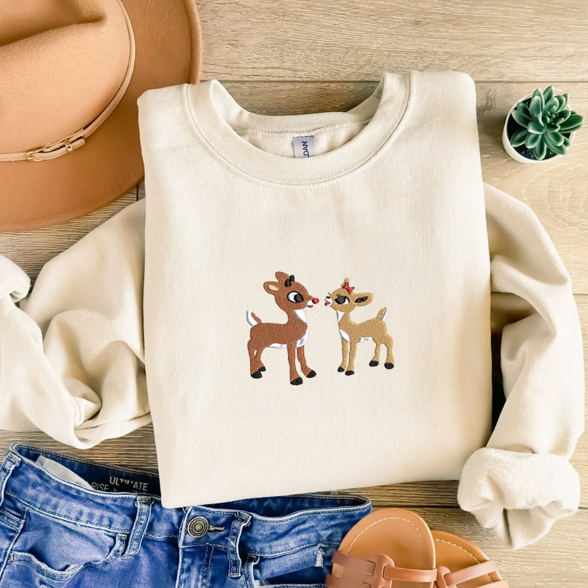 Rudolph and Clarice Sweatshirt or Hoodie, Embroidered Christmas Crewneck for Women Men