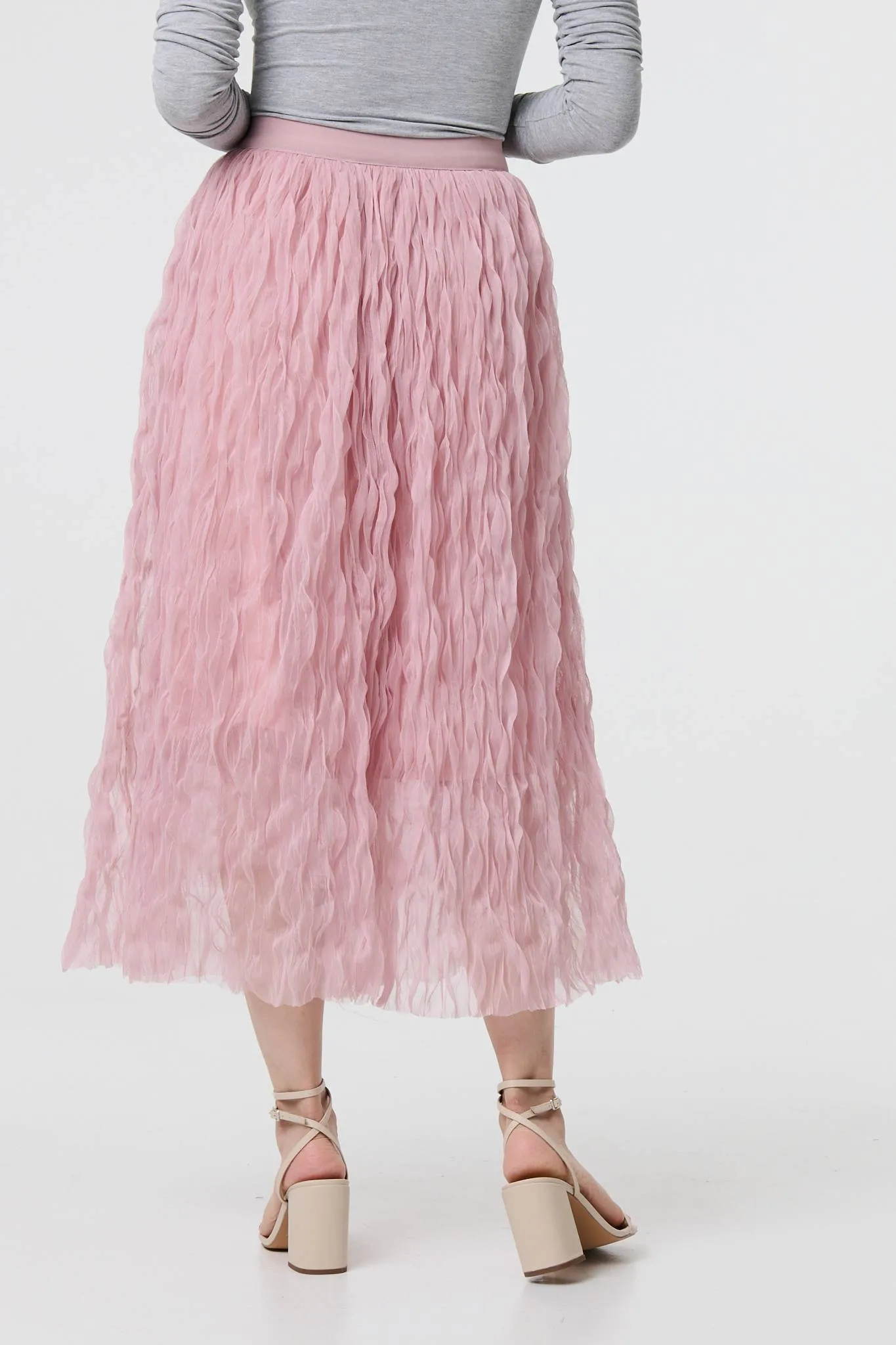 Ruffled High Waist Semi Sheer Midi Skirt