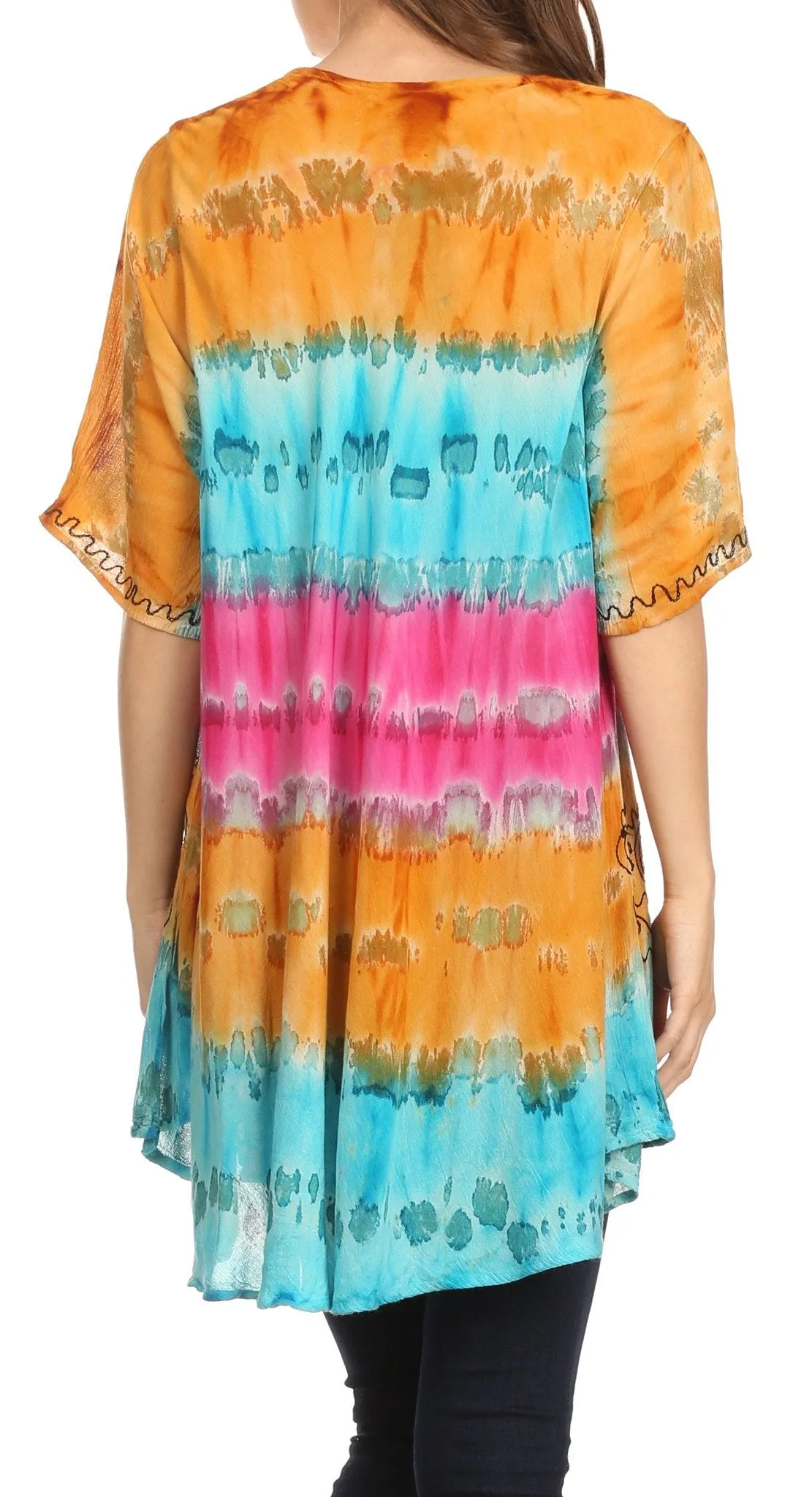 Sakkas Adela Batik Embroidered Tie Dye Sleevess Relaxed Fit Rayon Blouse / Top