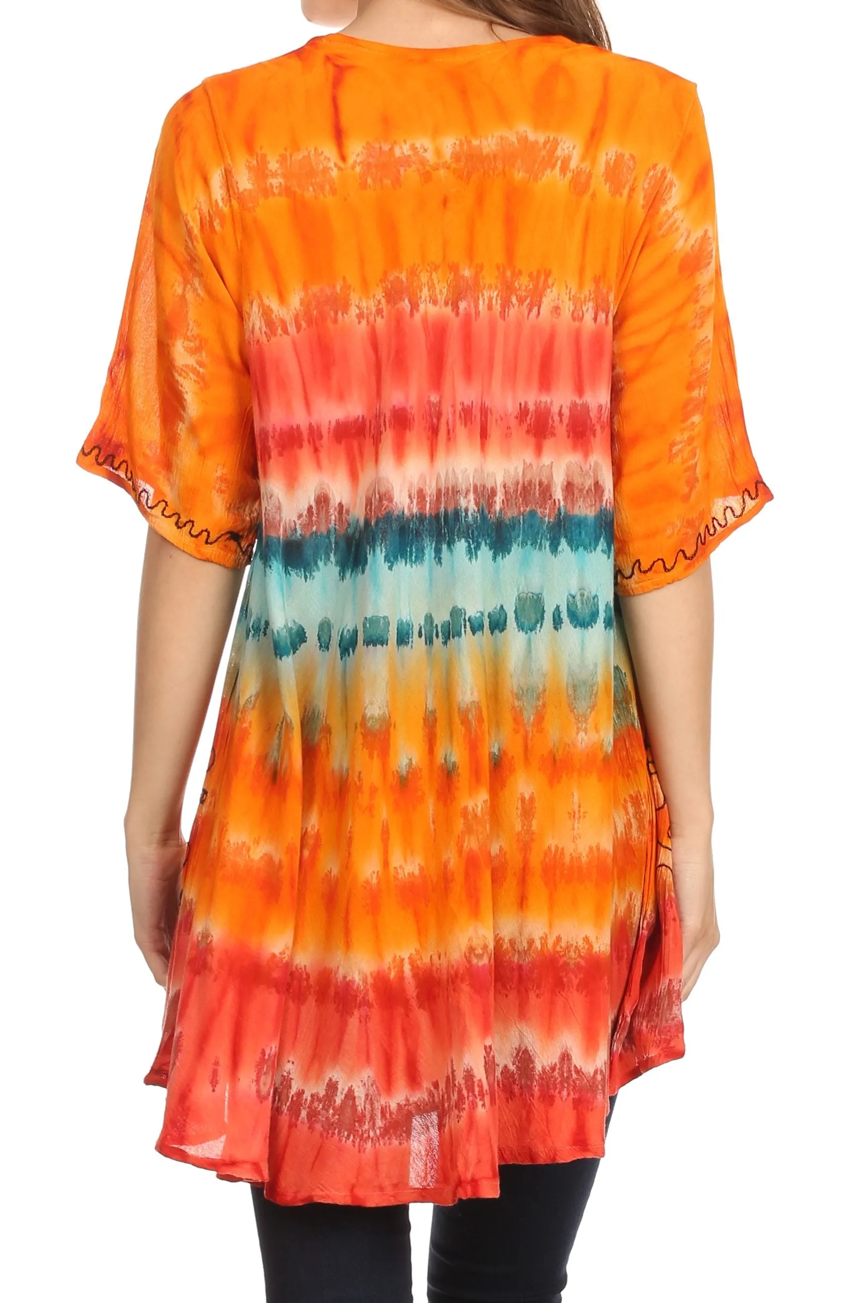 Sakkas Adela Batik Embroidered Tie Dye Sleevess Relaxed Fit Rayon Blouse / Top