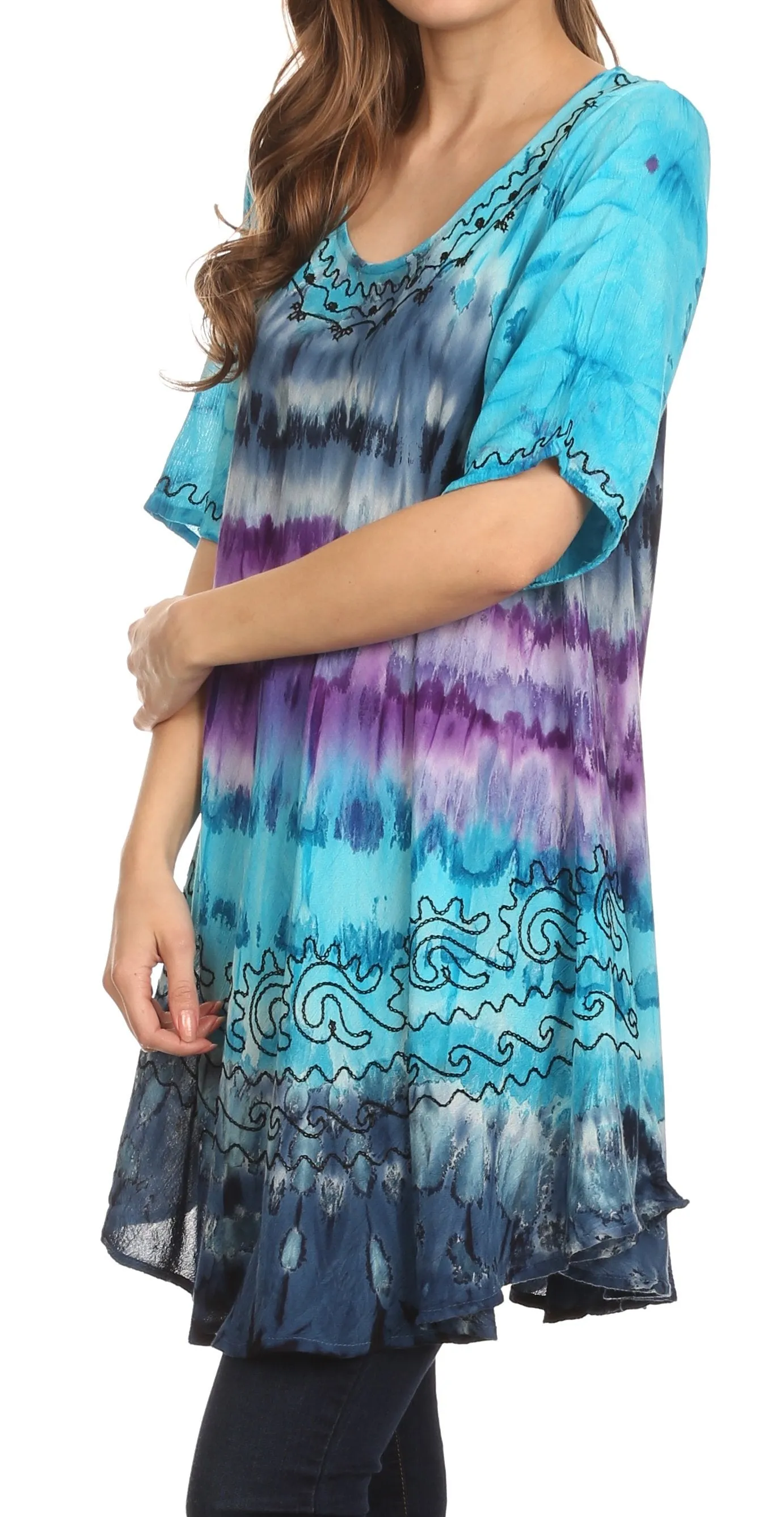 Sakkas Adela Batik Embroidered Tie Dye Sleevess Relaxed Fit Rayon Blouse / Top