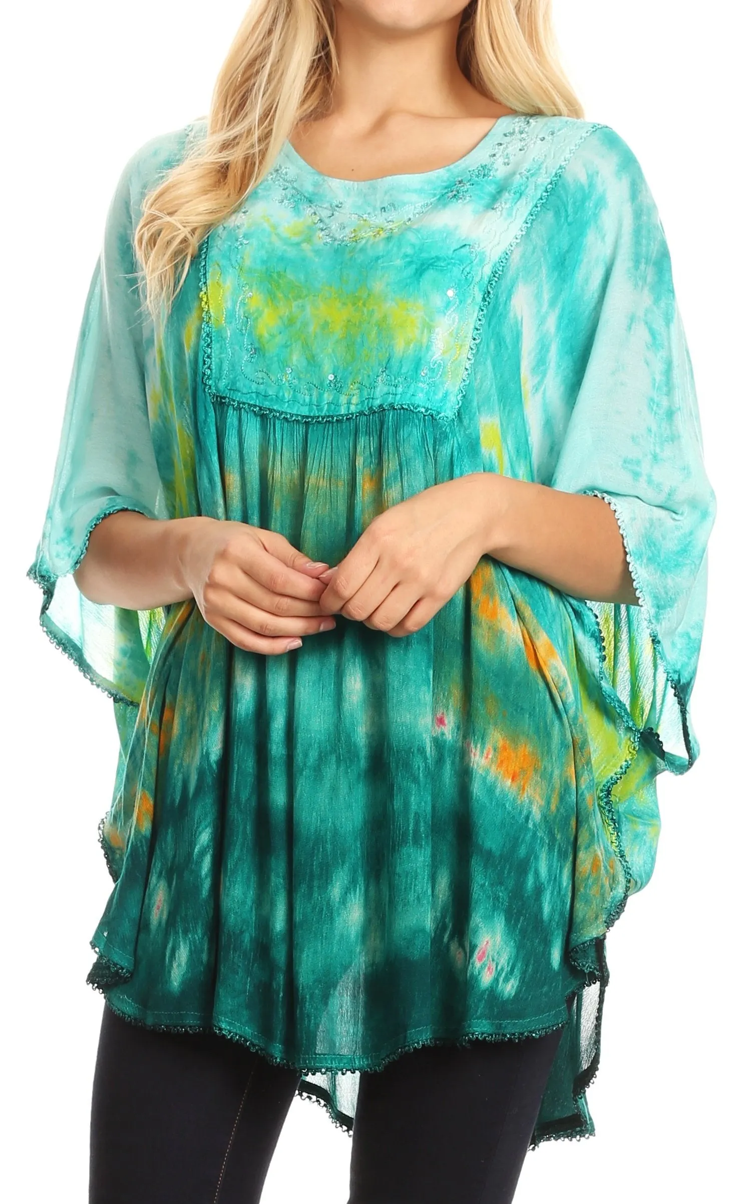 Sakkas Lepha Long Wide Multi Colored Tie Dye Sequin Embroidered Poncho Top Blouse