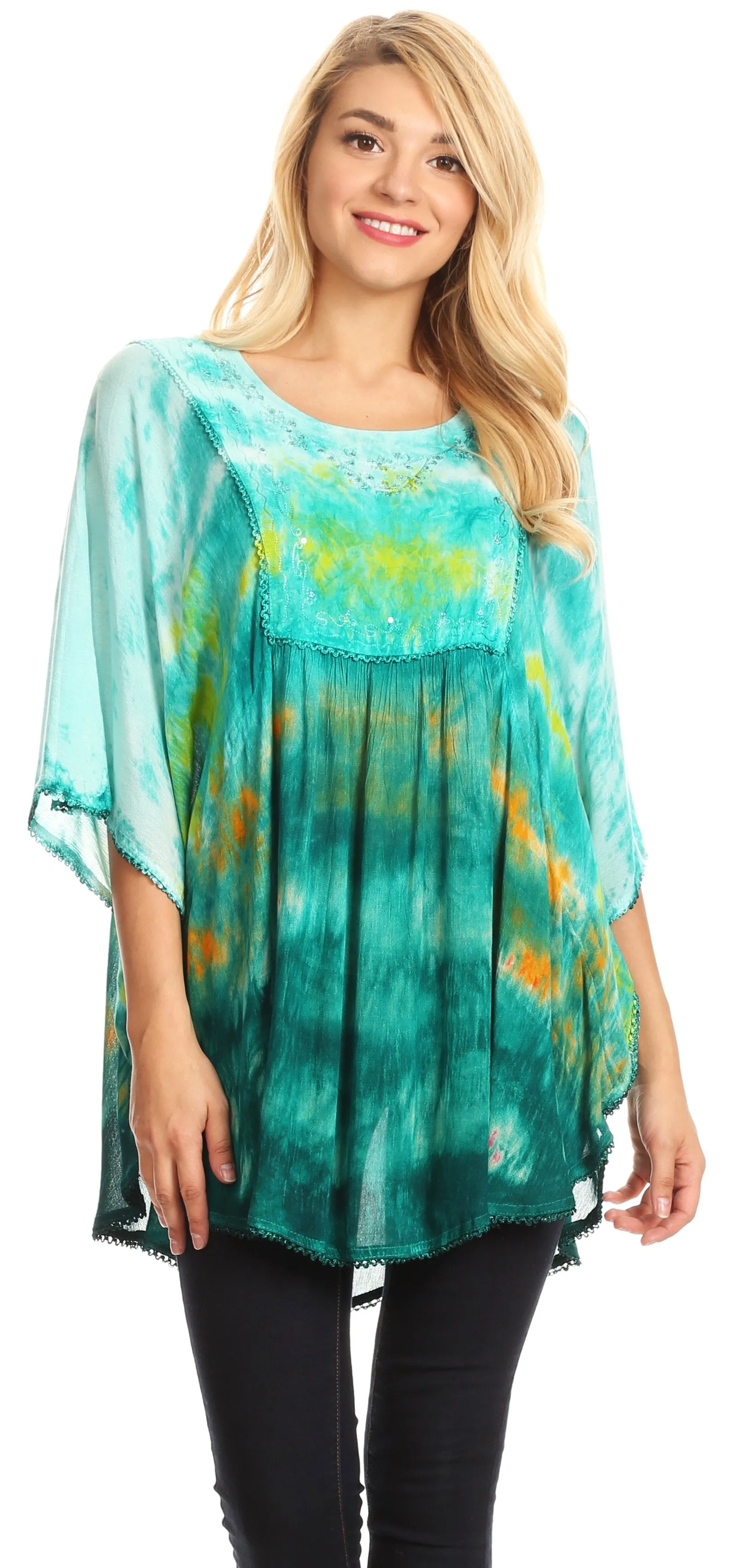 Sakkas Lepha Long Wide Multi Colored Tie Dye Sequin Embroidered Poncho Top Blouse