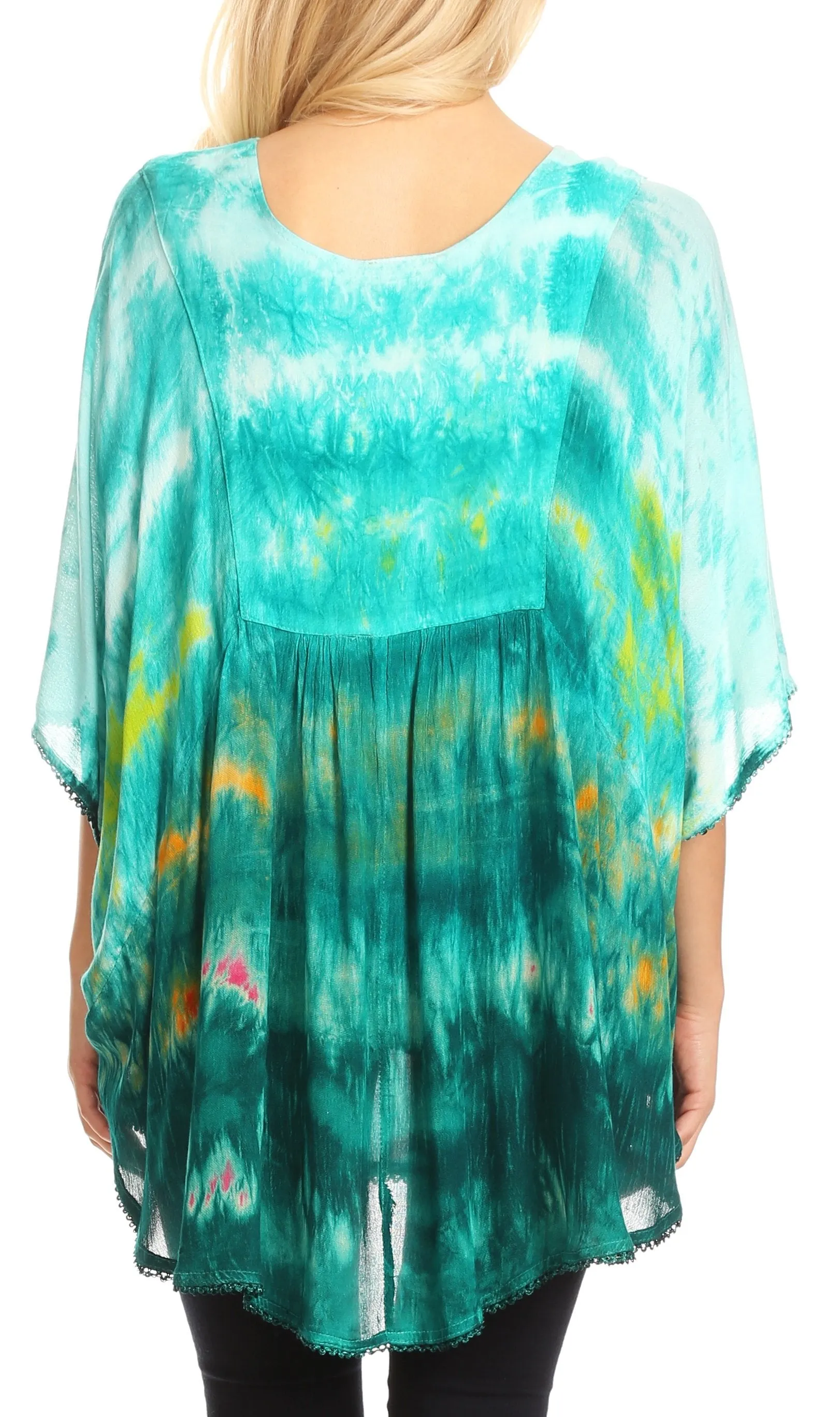 Sakkas Lepha Long Wide Multi Colored Tie Dye Sequin Embroidered Poncho Top Blouse