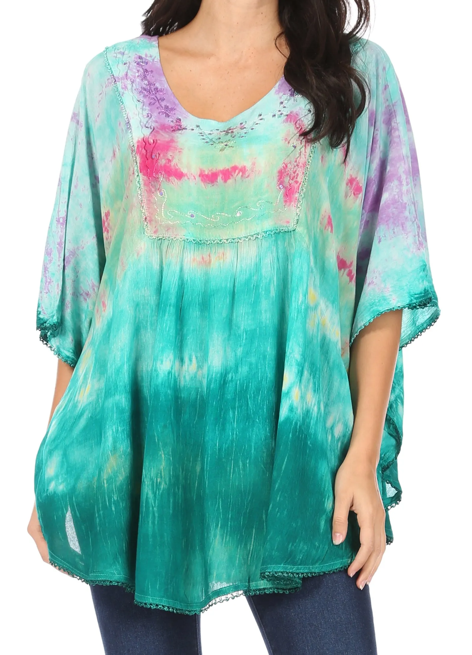 Sakkas Lepha Long Wide Multi Colored Tie Dye Sequin Embroidered Poncho Top Blouse