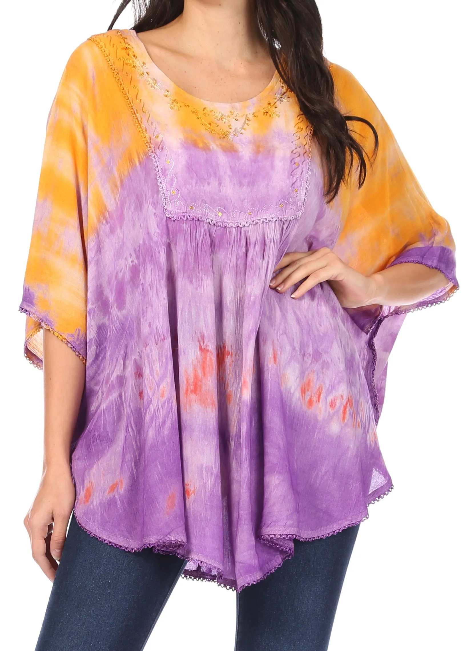 Sakkas Lepha Long Wide Multi Colored Tie Dye Sequin Embroidered Poncho Top Blouse