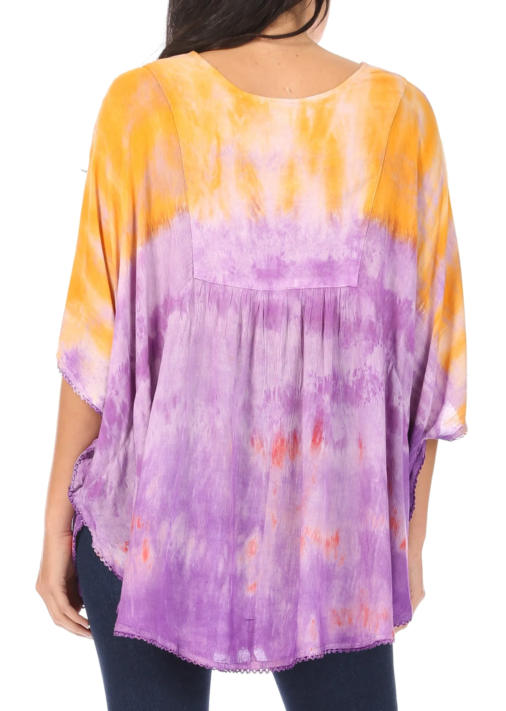 Sakkas Lepha Long Wide Multi Colored Tie Dye Sequin Embroidered Poncho Top Blouse