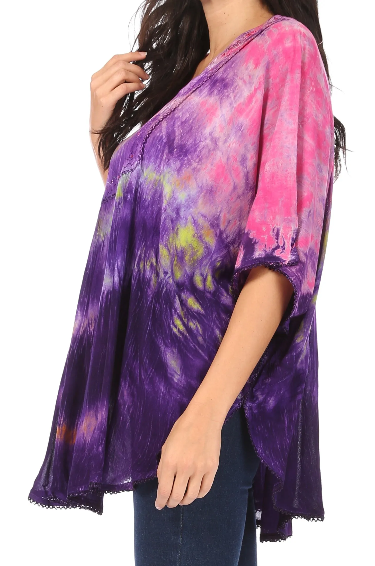 Sakkas Lepha Long Wide Multi Colored Tie Dye Sequin Embroidered Poncho Top Blouse