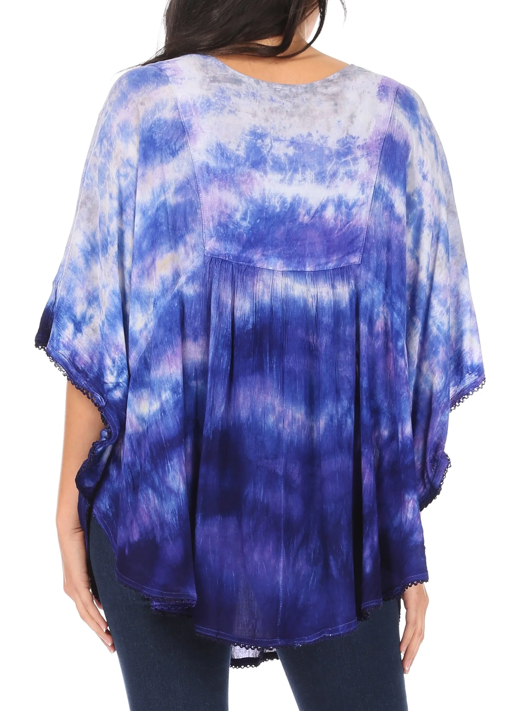 Sakkas Lepha Long Wide Multi Colored Tie Dye Sequin Embroidered Poncho Top Blouse