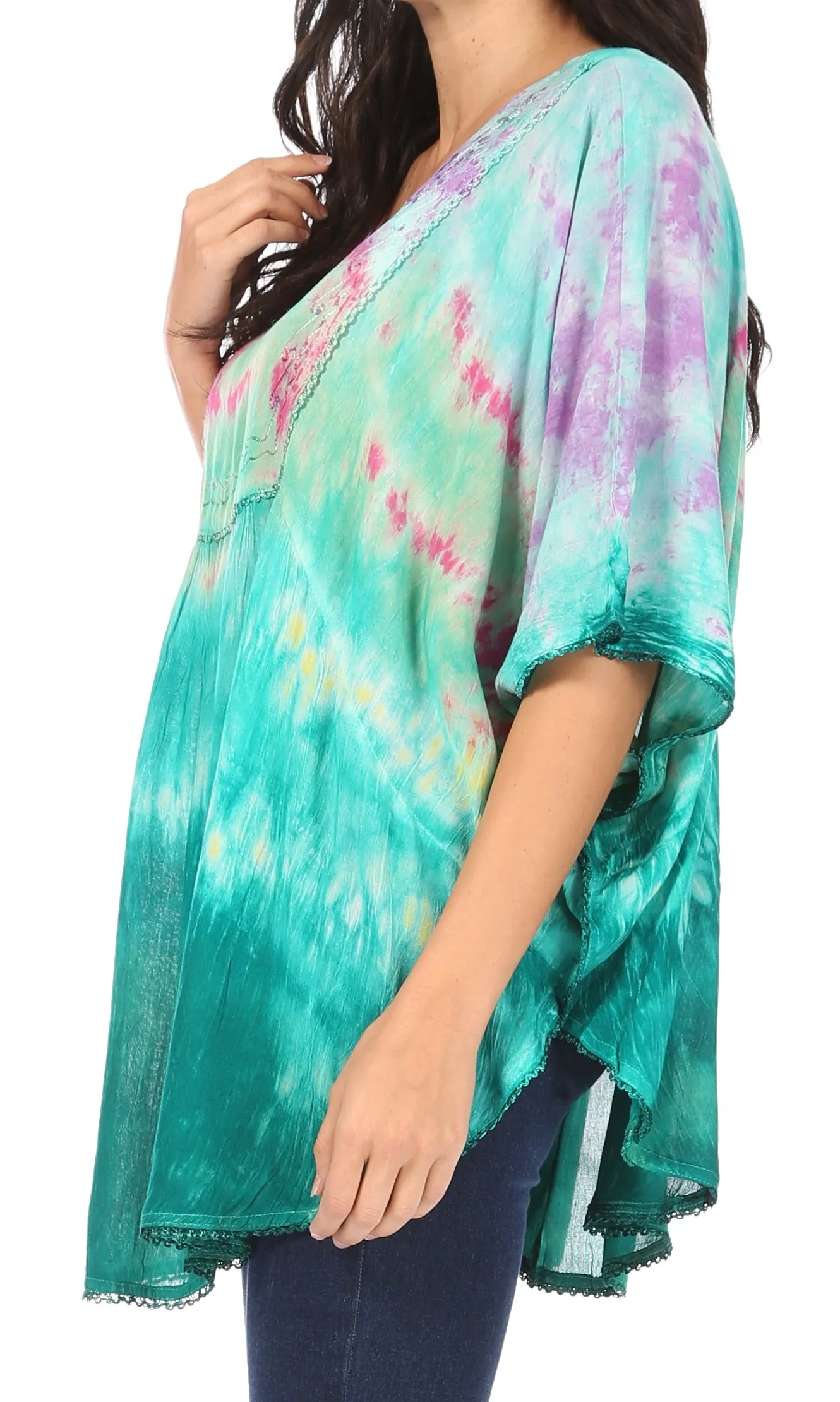 Sakkas Lepha Long Wide Multi Colored Tie Dye Sequin Embroidered Poncho Top Blouse