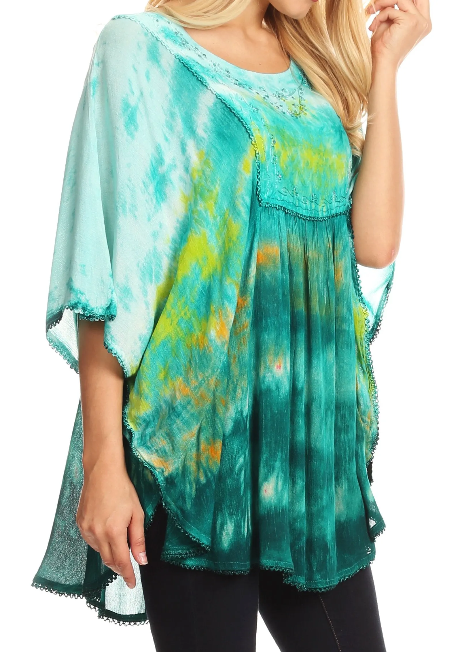 Sakkas Lepha Long Wide Multi Colored Tie Dye Sequin Embroidered Poncho Top Blouse