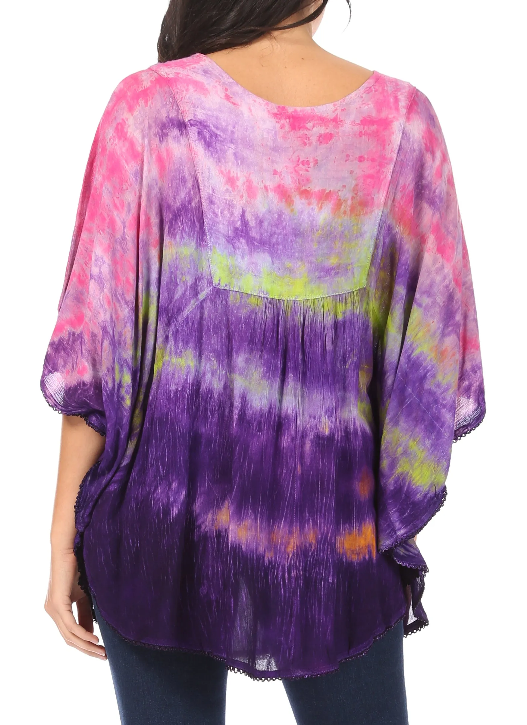 Sakkas Lepha Long Wide Multi Colored Tie Dye Sequin Embroidered Poncho Top Blouse