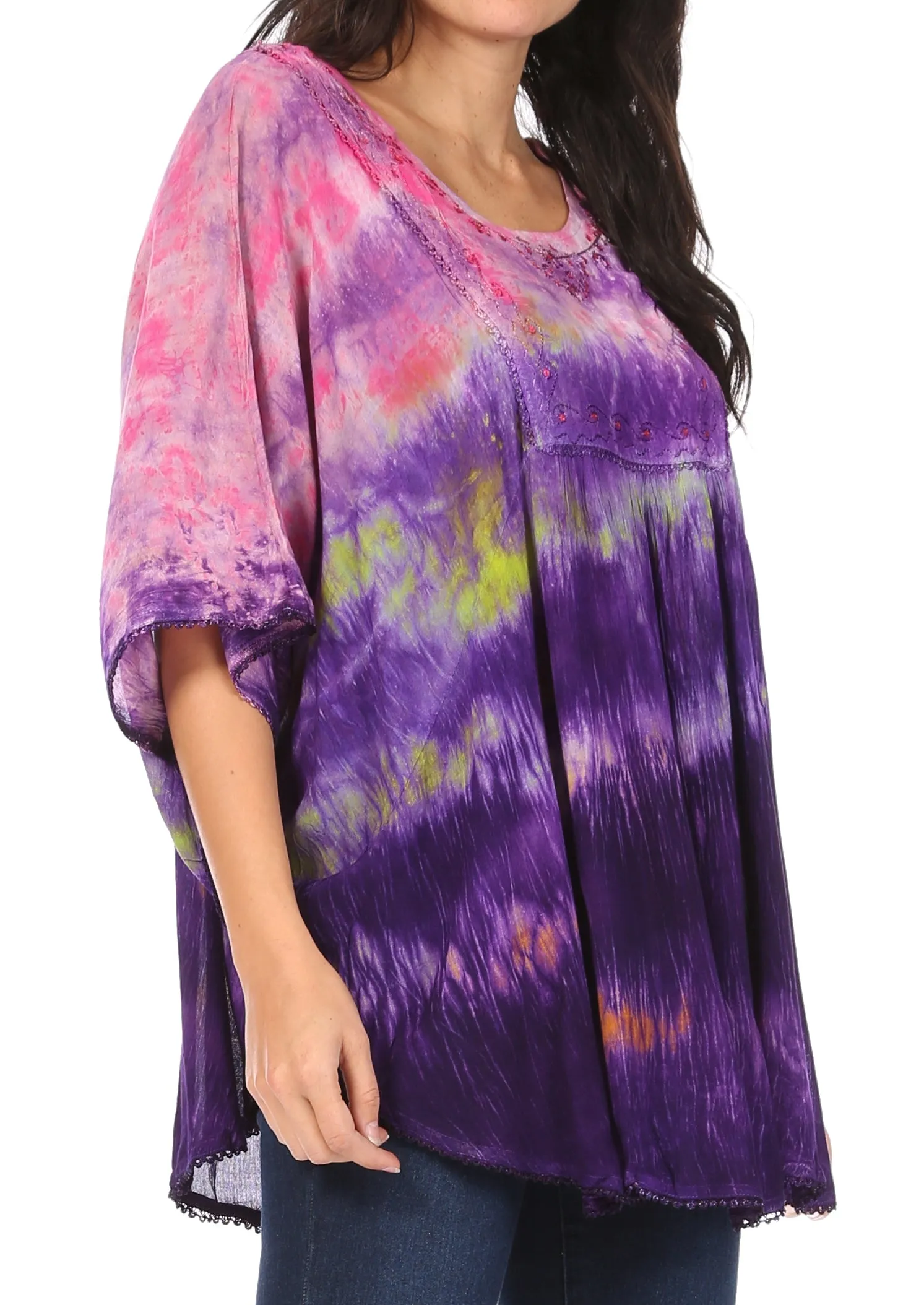 Sakkas Lepha Long Wide Multi Colored Tie Dye Sequin Embroidered Poncho Top Blouse