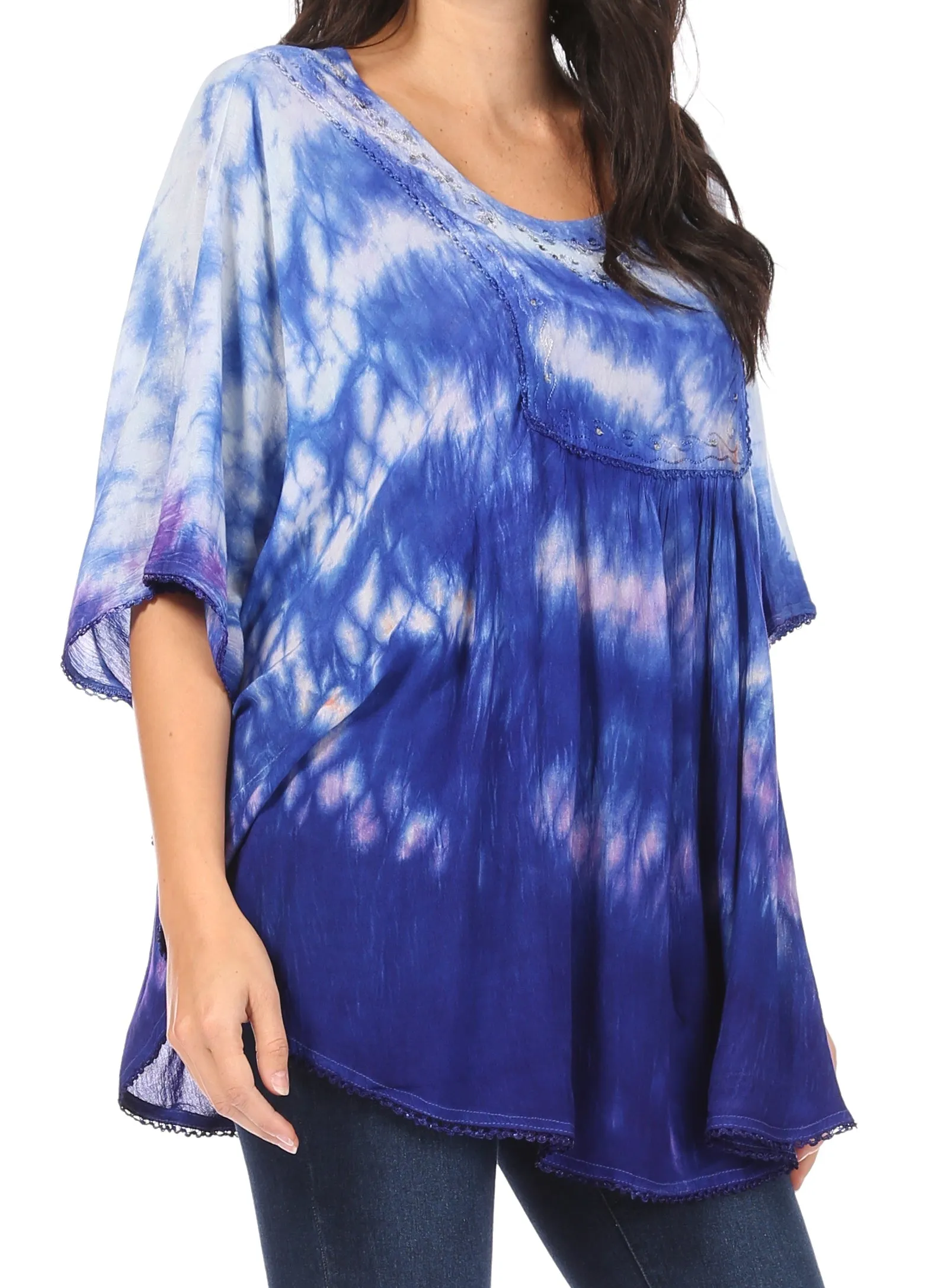 Sakkas Lepha Long Wide Multi Colored Tie Dye Sequin Embroidered Poncho Top Blouse