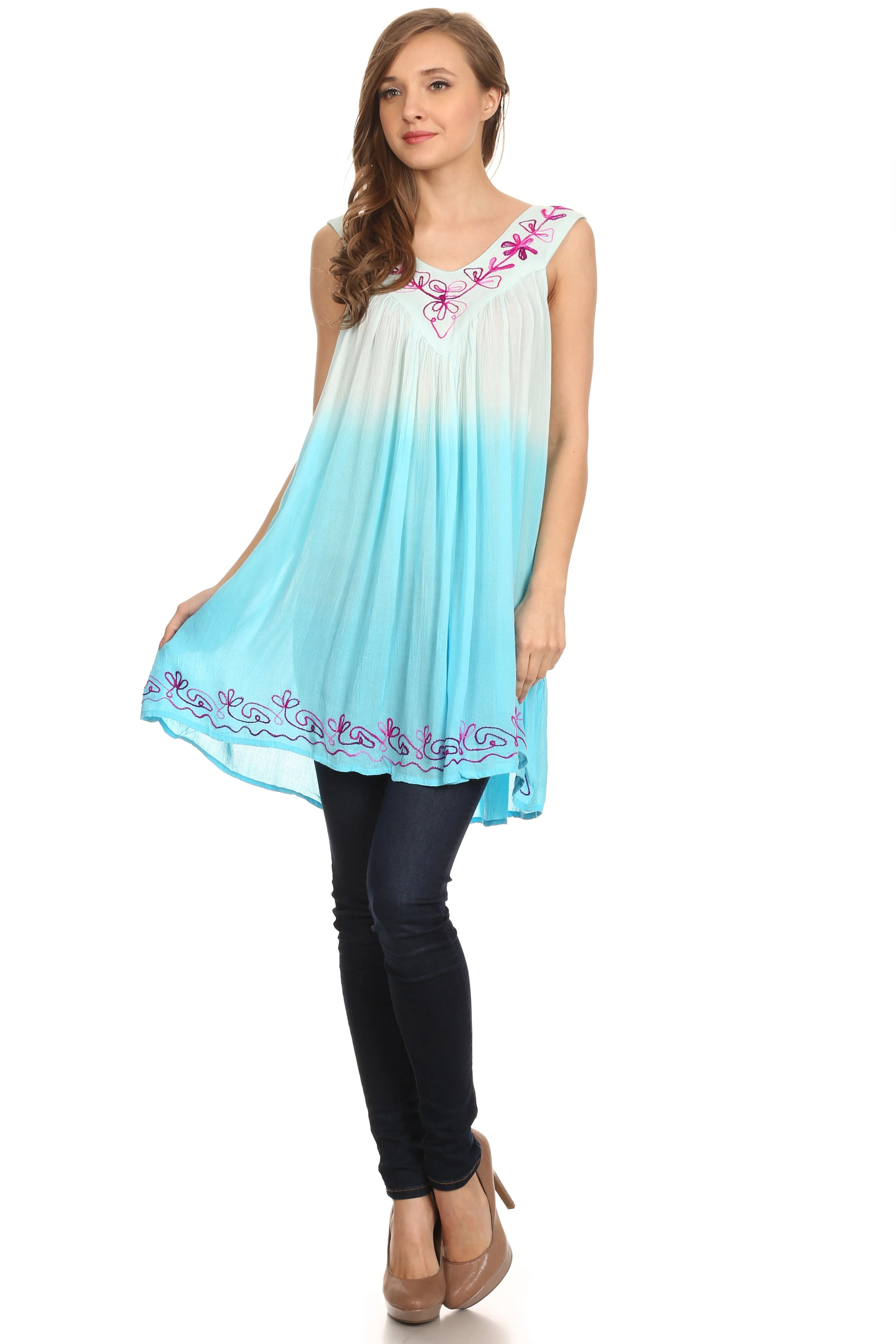 Sakkas Melina Ombre Sleeveless Embroidered V-neck Rayon Top / Blouse