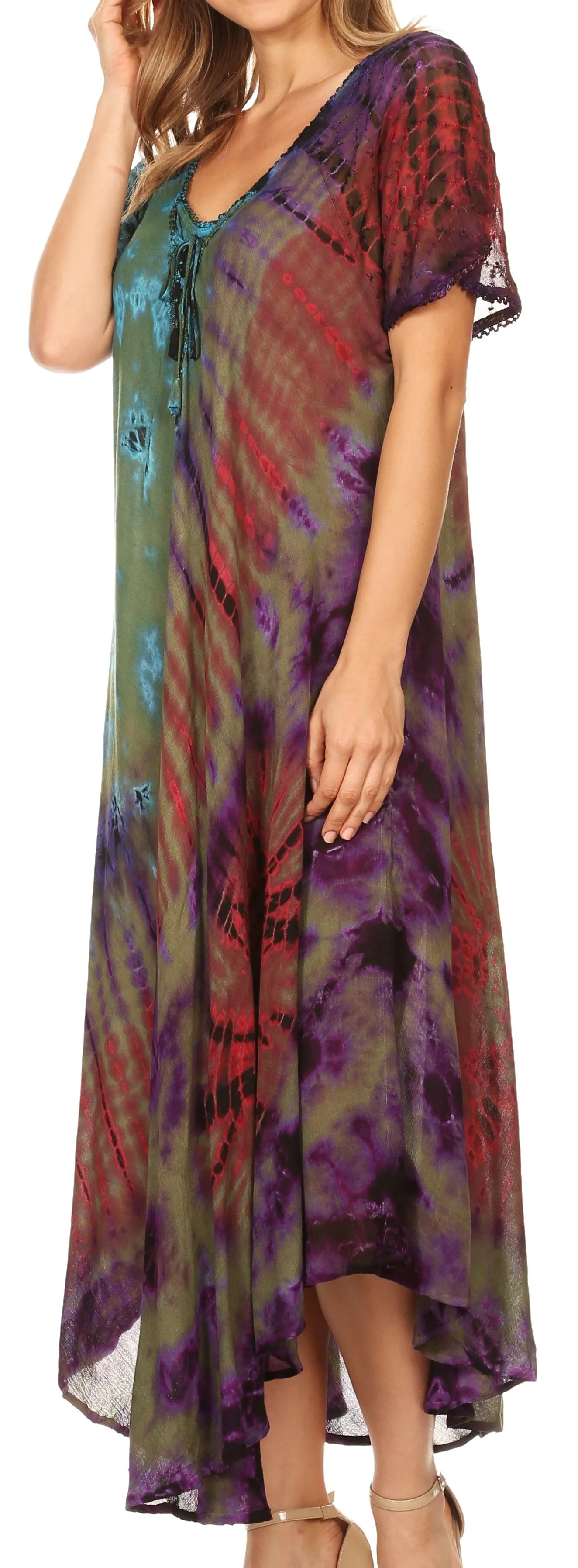 Sakkas Ria Tie Dye Embroidered Cap Sleeve Wide Neck Caftan Dress / Beach Cover Up