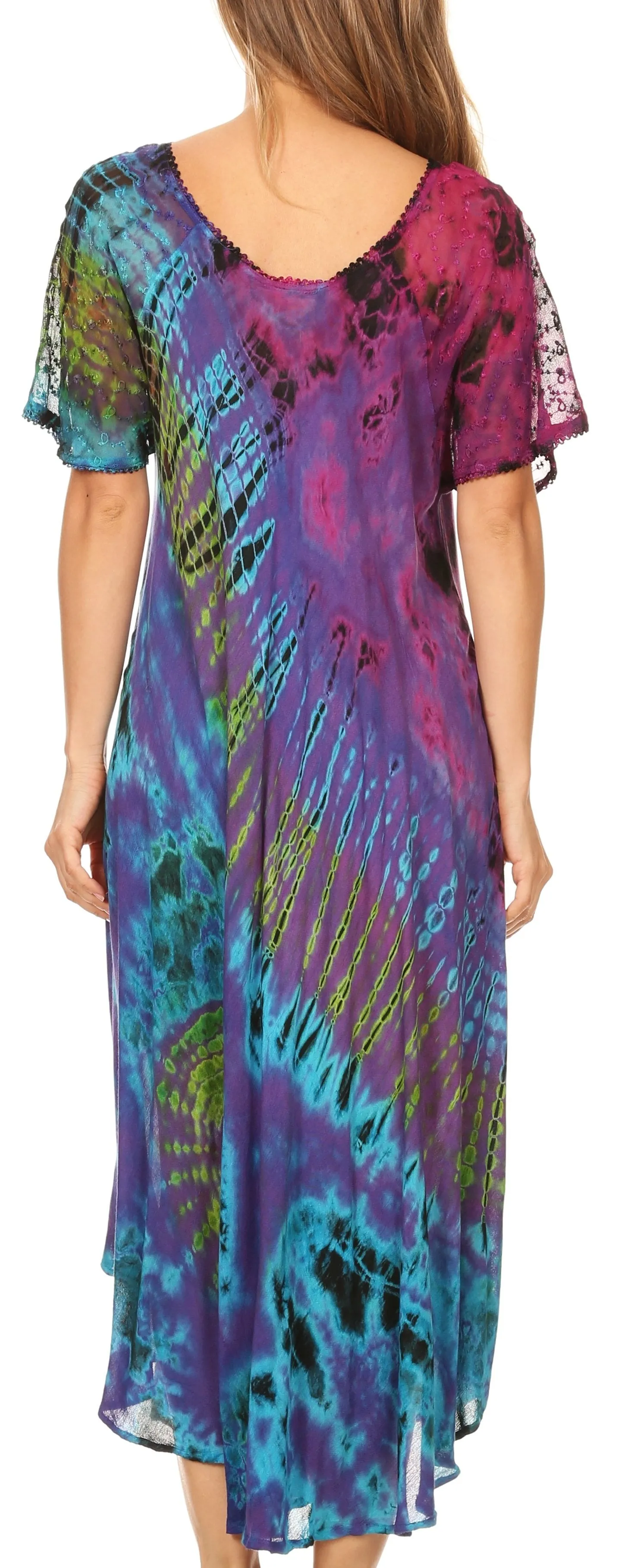 Sakkas Ria Tie Dye Embroidered Cap Sleeve Wide Neck Caftan Dress / Beach Cover Up