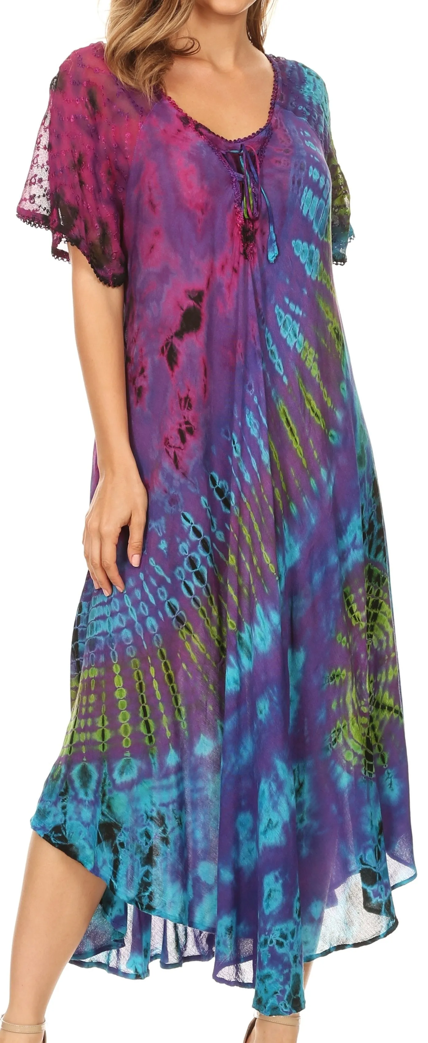 Sakkas Ria Tie Dye Embroidered Cap Sleeve Wide Neck Caftan Dress / Beach Cover Up