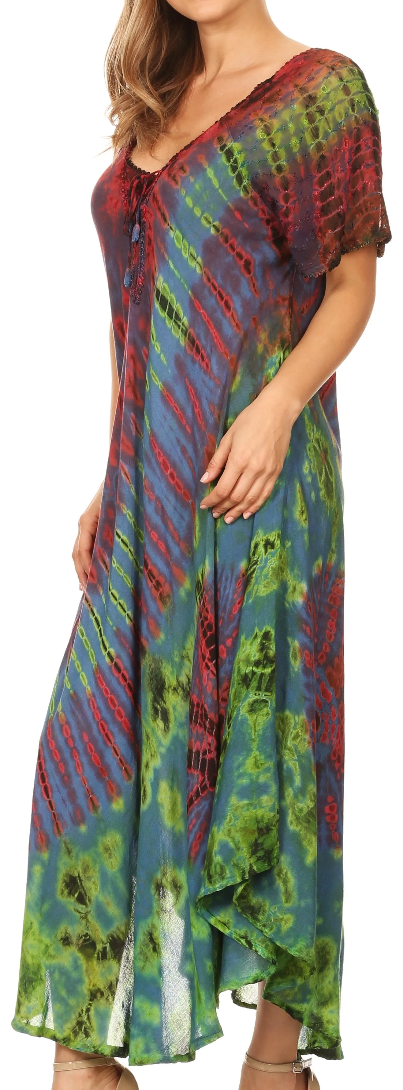 Sakkas Ria Tie Dye Embroidered Cap Sleeve Wide Neck Caftan Dress / Beach Cover Up