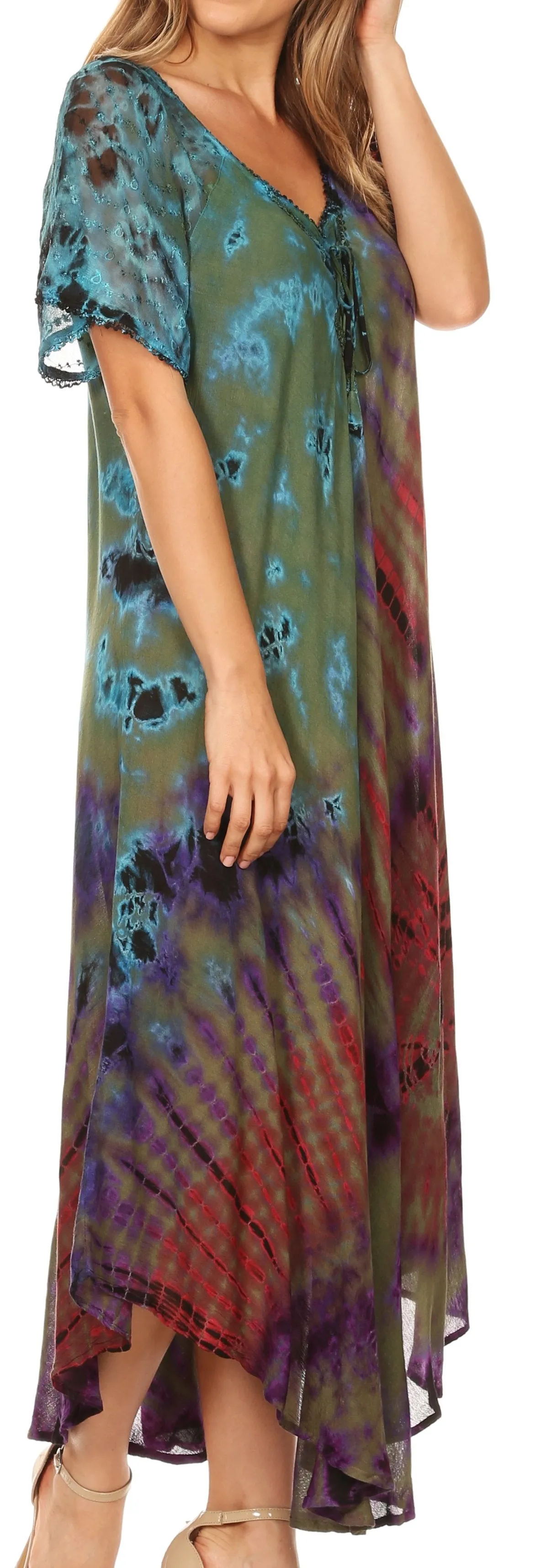 Sakkas Ria Tie Dye Embroidered Cap Sleeve Wide Neck Caftan Dress / Beach Cover Up