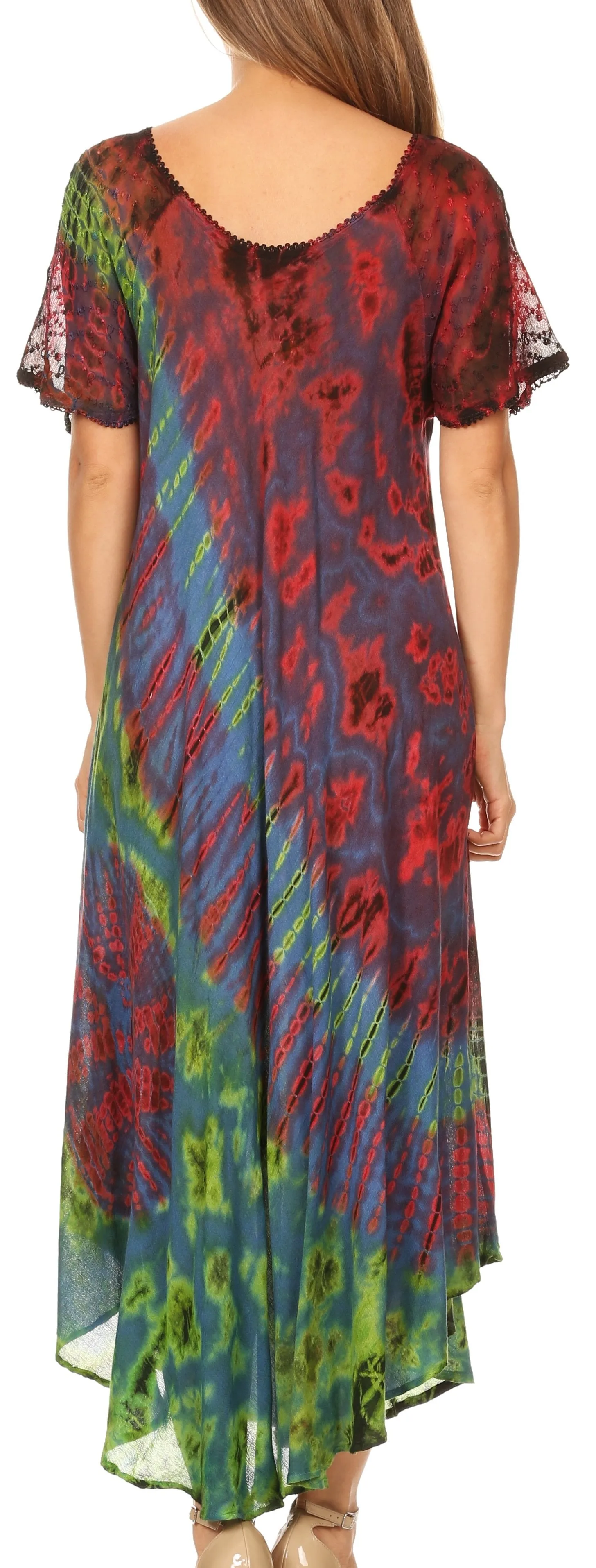 Sakkas Ria Tie Dye Embroidered Cap Sleeve Wide Neck Caftan Dress / Beach Cover Up