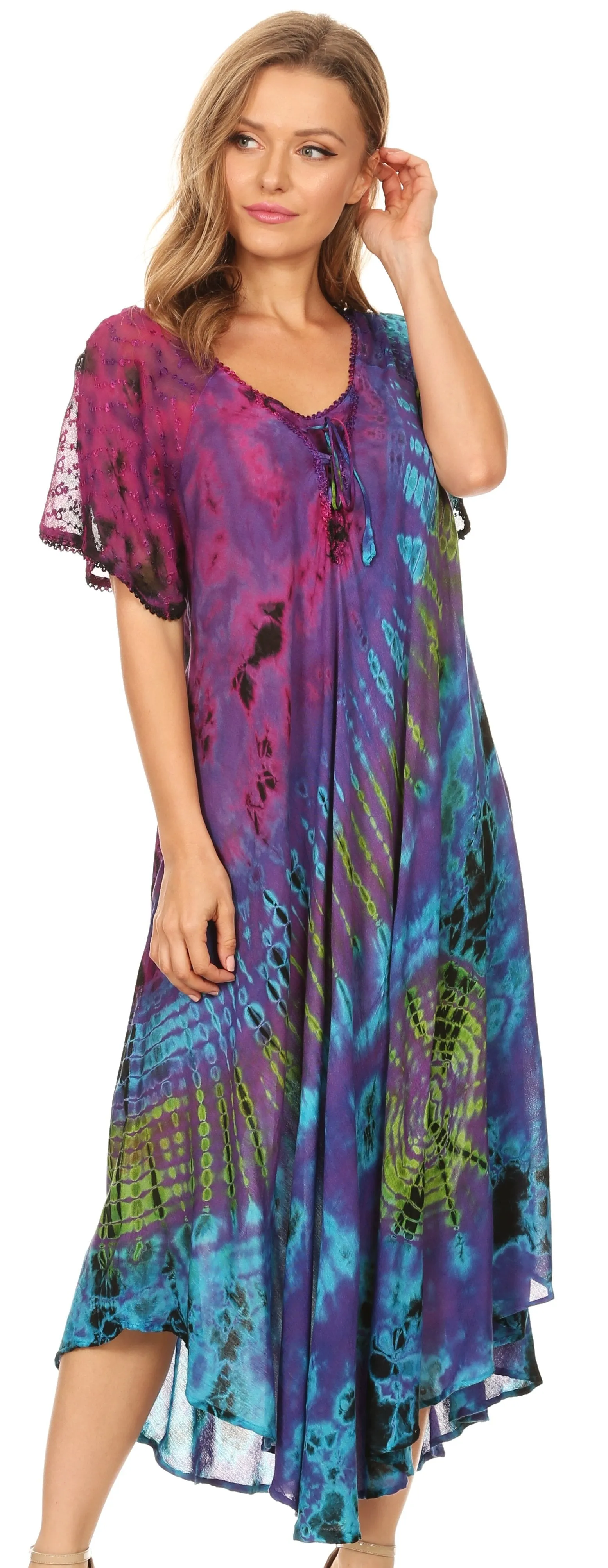 Sakkas Ria Tie Dye Embroidered Cap Sleeve Wide Neck Caftan Dress / Beach Cover Up