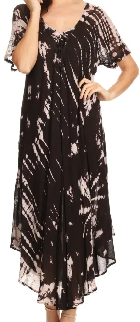 Sakkas Ria Tie Dye Embroidered Cap Sleeve Wide Neck Caftan Dress / Beach Cover Up