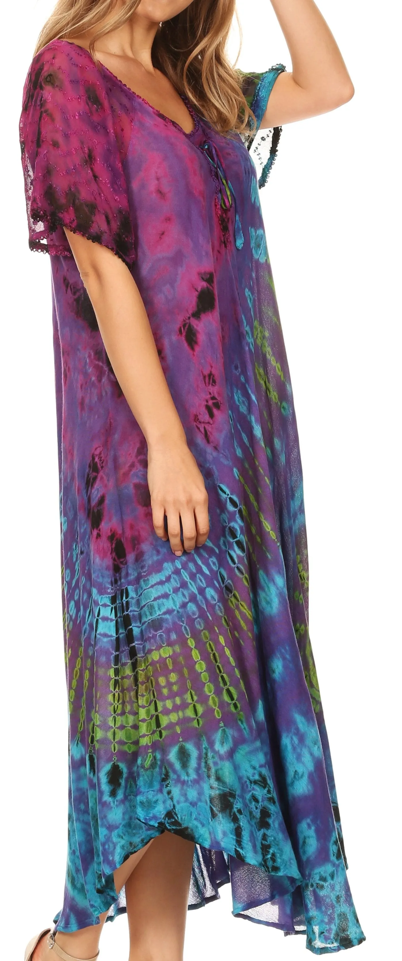 Sakkas Ria Tie Dye Embroidered Cap Sleeve Wide Neck Caftan Dress / Beach Cover Up