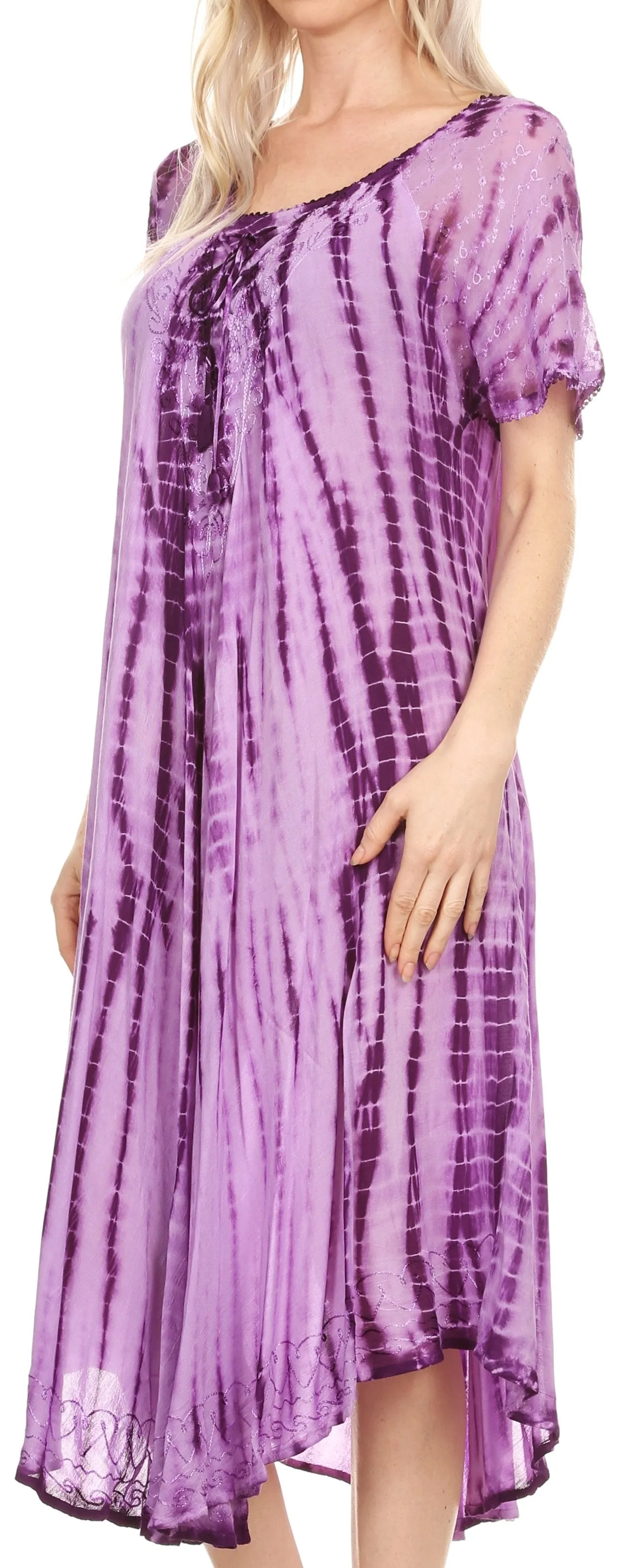 Sakkas Yasmin Tie Dye Embroidered Sheer Cap Sleeve Sundress | Cover Up