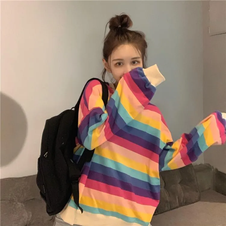 Sale Pastel Stripes Loose Tumblr Aesthetic Sweatshirt